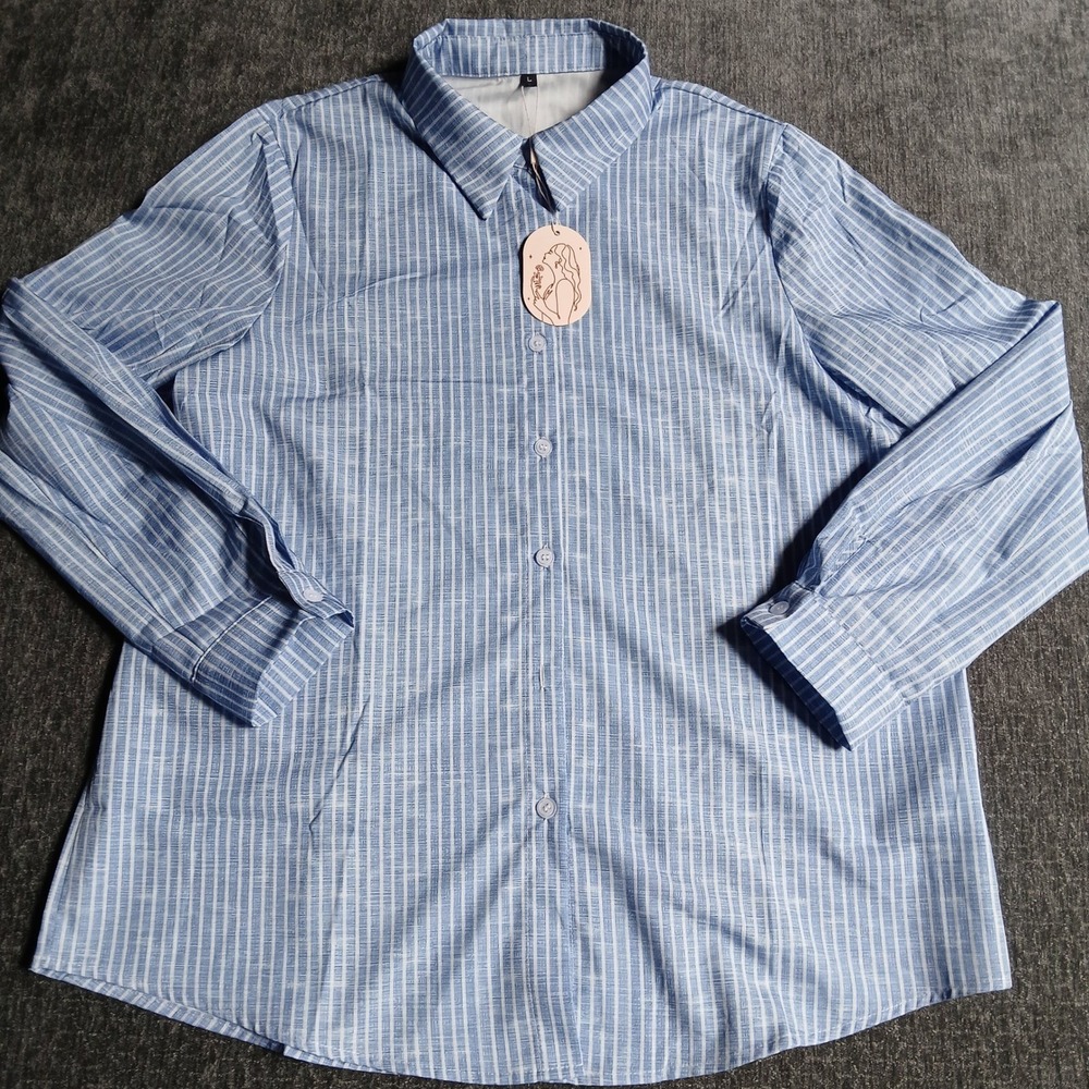 Womens Blue White Striped Button Down Long Sleeve Shirt Size L NWT